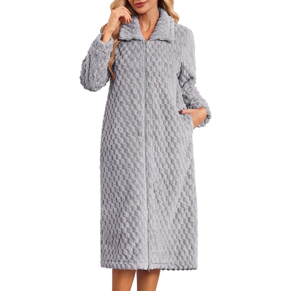 image:imageEkouaer Womens Fluffy Zipper Robes Warm Fleece Housecoat Soft Cozy BathrobeLight Grey