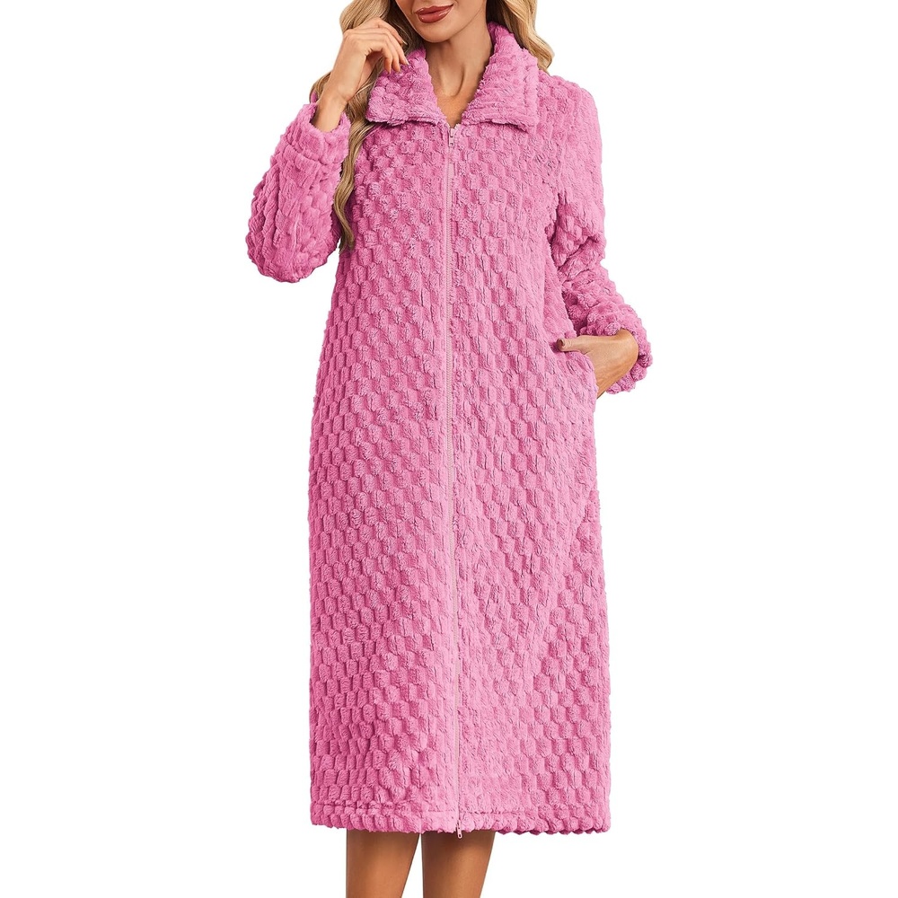image:imageEkouaer Womens Fluffy Zipper Robes Warm Fleece Housecoat Soft Cozy BathrobeLight Pink