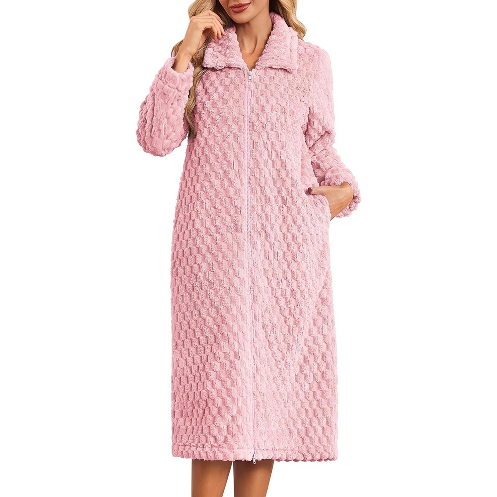 image:imageEkouaer Womens Fluffy Zipper Robes Warm Fleece Housecoat Soft Cozy BathrobePink