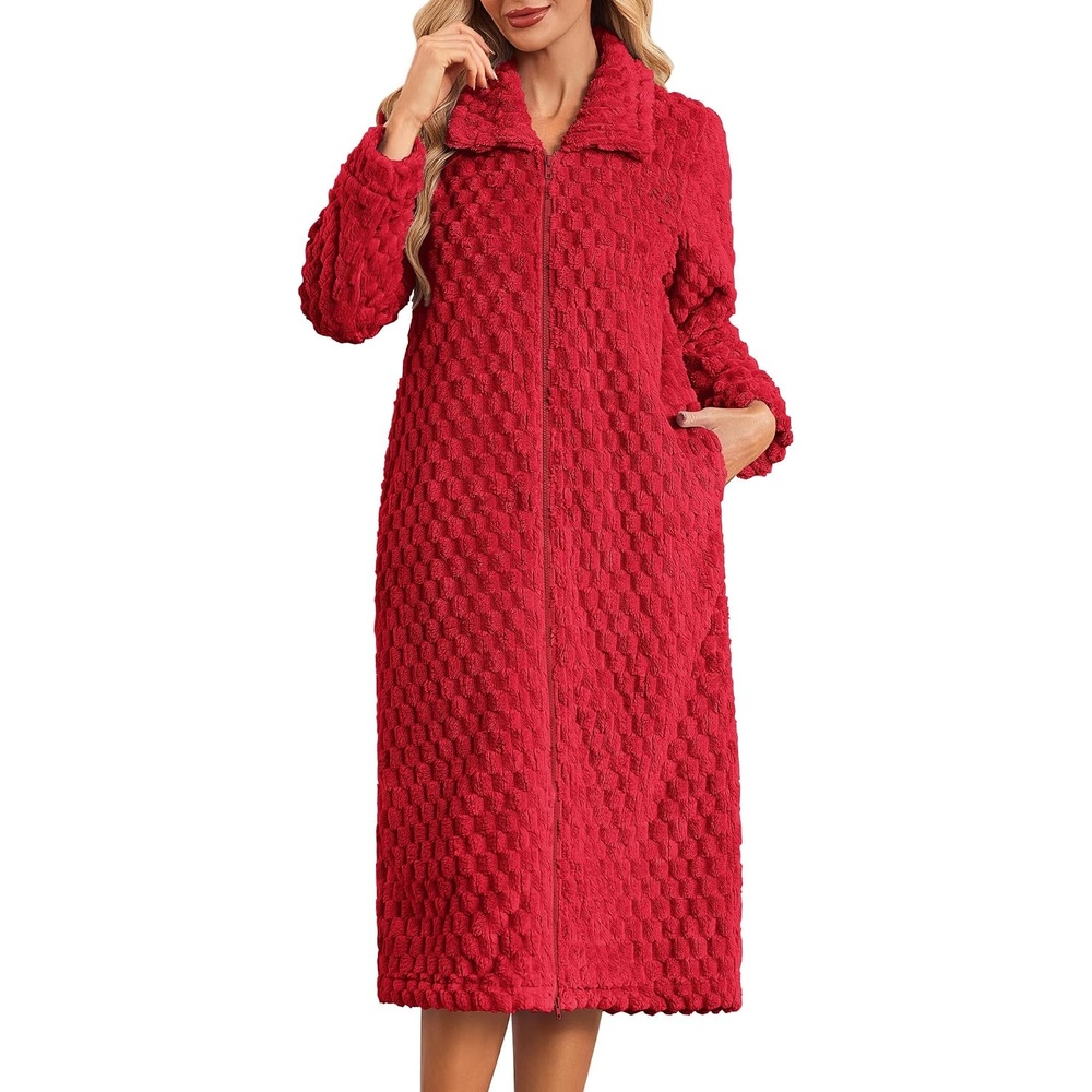 image:imageEkouaer Womens Fluffy Zipper Robes Warm Fleece Housecoat Soft Cozy BathrobeRed