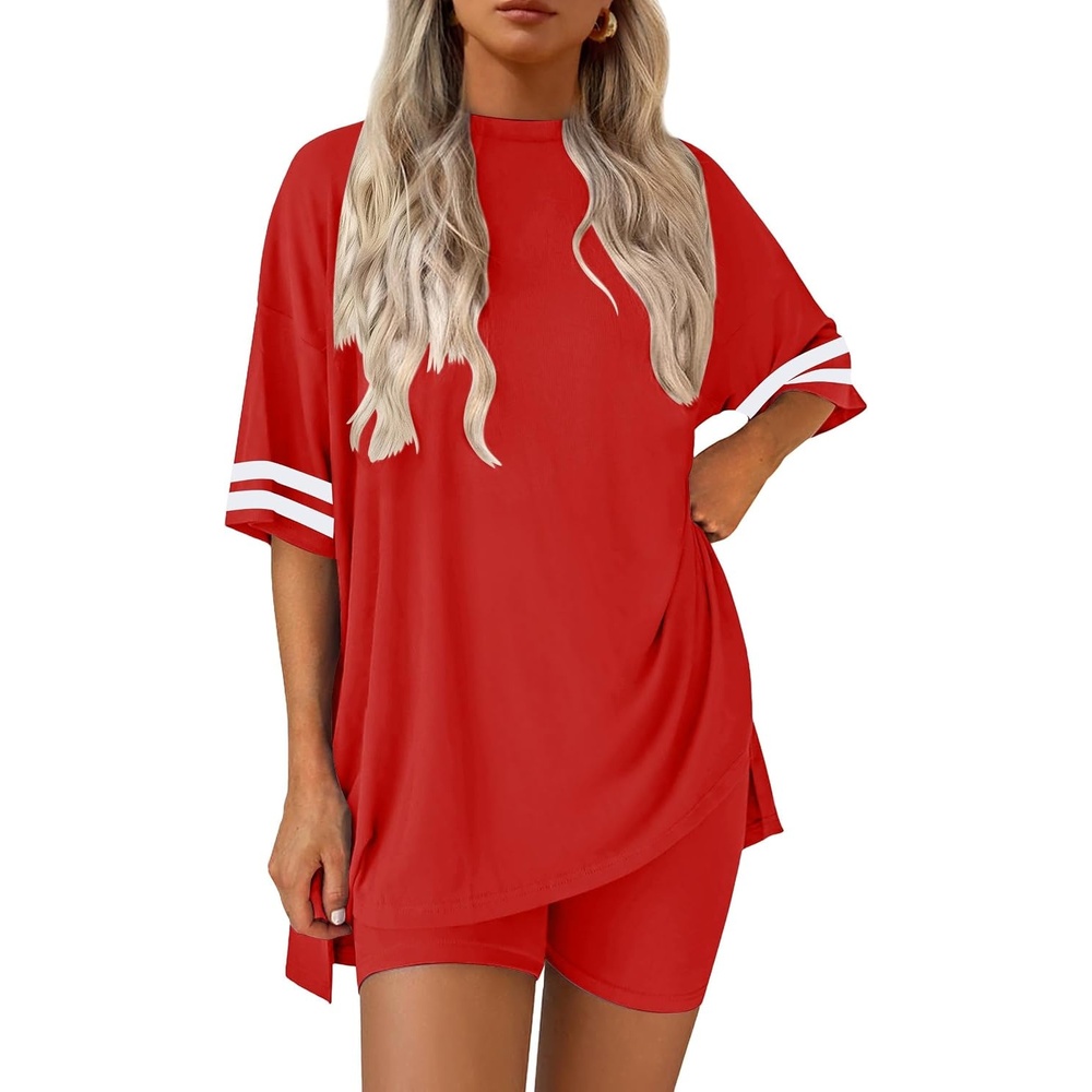 image:imageEkouaer Womens Pajamas Casual 2 Piece Short Sleeve Biker Shorts Lounge SetRed