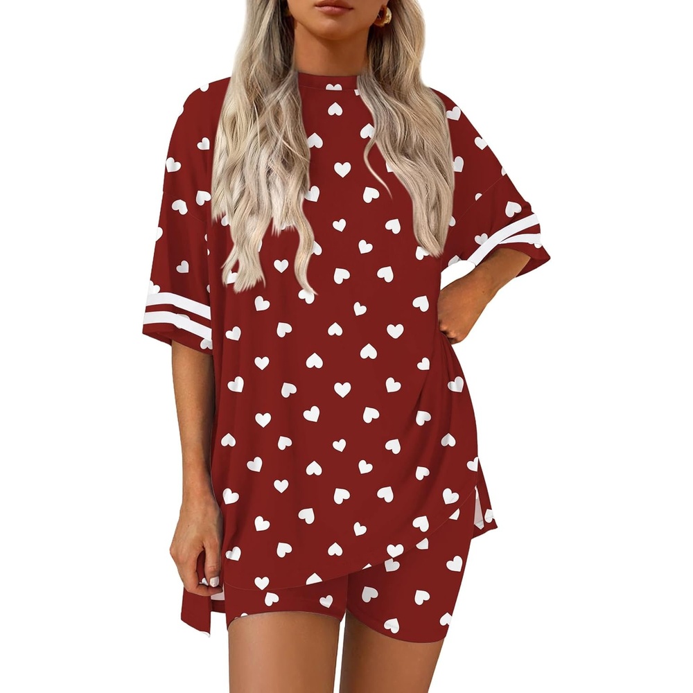 image:imageEkouaer Womens Pajamas Casual 2 Piece Short Sleeve Biker Shorts Lounge SetWine Heart