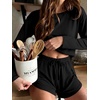 Ekouaer Pajama Sets Sexy Lounge Sets Long Sleeve and Side Split Shorts Pjs(Black)