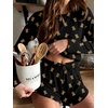 Ekouaer Pajama Sets Sexy Lounge Sets Long Sleeve and Side Split Shorts Pjs(Black Teddy Bear)