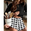Ekouaer Pajama Sets Sexy Lounge Sets Long Sleeve and Side Split Shorts Pjs(Black and White Plaid)