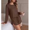Ekouaer Pajama Sets Sexy Lounge Sets Long Sleeve and Side Split Shorts Pjs(Brown)