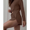Ekouaer Pajama Sets Sexy Lounge Sets Long Sleeve and Side Split Shorts Pjs(Brown)