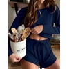 Ekouaer Pajama Sets Sexy Lounge Sets Long Sleeve and Side Split Shorts Pjs(Navy Blue)
