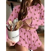 Ekouaer Pajama Sets Sexy Lounge Sets Long Sleeve and Side Split Shorts Pjs(Pink Teddy Bear)