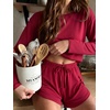 Ekouaer Pajama Sets Sexy Lounge Sets Long Sleeve and Side Split Shorts Pjs(Wine Red)