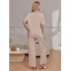 Ekouaer Pajama Sets Womens 2 Piece Short Sleeve Long Pants Pjs Lounge Set(Beige)
