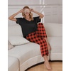 Ekouaer Pajama Sets Womens 2 Piece Short Sleeve Long Pants Pjs Lounge Set(Plaid Black Red)