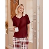 Ekouaer Pajama Sets Womens 2 Piece Short Sleeve Long Pants Pjs Lounge Set(Plaid Wine)