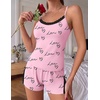 Ekouaer Women’s Cami Pajama Set Sexy Lace Split Shorts Lingerie Set XS-XXL(Pink Love Letter Print)