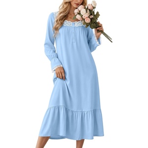 Ekouaer Cotton Nightgowns for Women Long Sleeve Night Gown Lace Sleepwear(Blue)