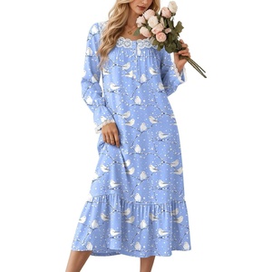 Ekouaer Cotton Nightgowns for Women Long Sleeve Night Gown Lace Sleepwear(Blue White Birds)