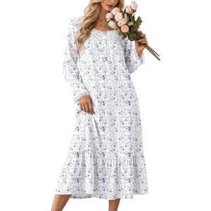 Ekouaer Cotton Nightgowns for Women Long Sleeve Night Gown Lace Sleepwear(Floral Purple)
