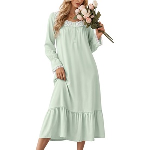 Ekouaer Cotton Nightgowns for Women Long Sleeve Night Gown Lace Sleepwear(Light Green)