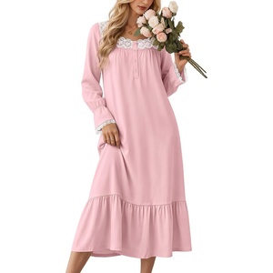 Ekouaer Cotton Nightgowns for Women Long Sleeve Night Gown Lace Sleepwear(Pink)