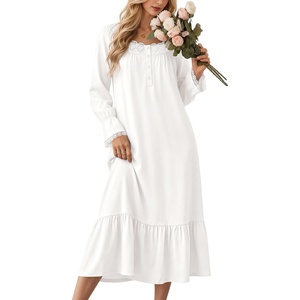 Ekouaer Cotton Nightgowns for Women Long Sleeve Night Gown Lace Sleepwear(White)