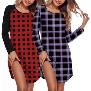 Ekouaer Nightgowns for Women 2 Pack Night Gowns Long Sleeve Sleep Shirts(Red Black Plaid/Purple Plaid)