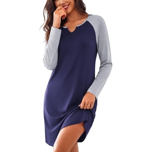 Ekouaer Nightgowns for Women Long Sleeve Night Gown Pullover Sleep Dress(A Navy Blue)