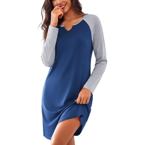 Ekouaer Nightgowns for Women Long Sleeve Night Gown Pullover Sleep Dress(Blue)