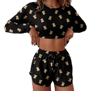 Ekouaer Pajama Sets Sexy Lounge Sets Long Sleeve and Side Split Shorts Pjs(Black Teddy Bear)