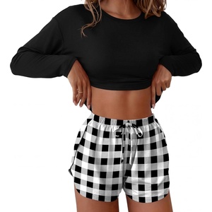 Ekouaer Pajama Sets Sexy Lounge Sets Long Sleeve and Side Split Shorts Pjs(Black and White Plaid)