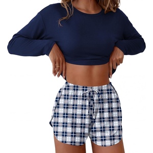 Ekouaer Pajama Sets Sexy Lounge Sets Long Sleeve and Side Split Shorts Pjs(Blue Plaid)