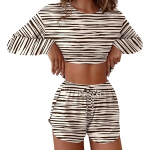 Ekouaer Pajama Sets Sexy Lounge Sets Long Sleeve and Side Split Shorts Pjs(Brown Abstract Stripes)