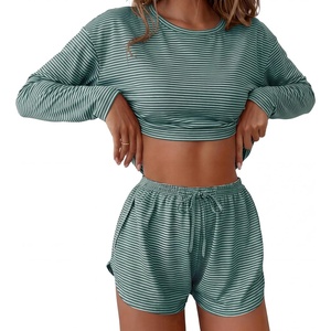 Ekouaer Pajama Sets Sexy Lounge Sets Long Sleeve and Side Split Shorts Pjs(Green and White Stripes)