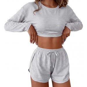 Ekouaer Pajama Sets Sexy Lounge Sets Long Sleeve and Side Split Shorts Pjs(Grey-white Stripes)