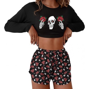 Ekouaer Pajama Sets Sexy Lounge Sets Long Sleeve and Side Split Shorts Pjs(Halloween Skull Rose)