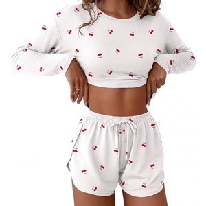 Ekouaer Pajama Sets Sexy Lounge Sets Long Sleeve and Side Split Shorts Pjs(Little Cherry)