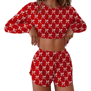 Ekouaer Pajama Sets Sexy Lounge Sets Long Sleeve and Side Split Shorts Pjs(Little Red Bow)