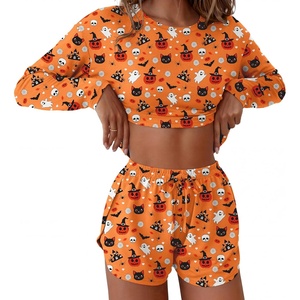 Ekouaer Pajama Sets Sexy Lounge Sets Long Sleeve and Side Split Shorts Pjs(Orange Halloween)