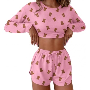 Ekouaer Pajama Sets Sexy Lounge Sets Long Sleeve and Side Split Shorts Pjs(Pink Teddy Bear)