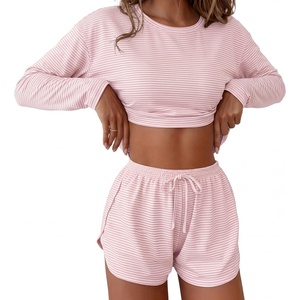 Ekouaer Pajama Sets Sexy Lounge Sets Long Sleeve and Side Split Shorts Pjs(Pink and White Stripes)