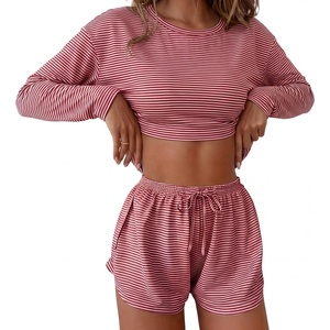 Ekouaer Pajama Sets Sexy Lounge Sets Long Sleeve and Side Split Shorts Pjs(Red and White Stripes)