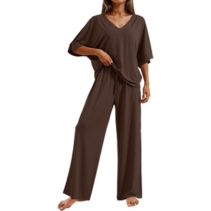 Ekouaer Pajama Sets Womens 2 Piece Short Sleeve Long Pants Pjs Lounge Set(Dark Brown)