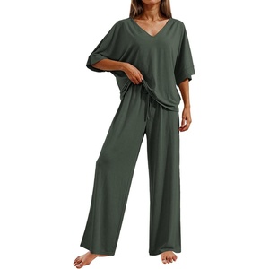 Ekouaer Pajama Sets Womens 2 Piece Short Sleeve Long Pants Pjs Lounge Set(Deep Army Green)