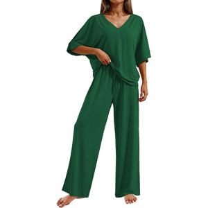 Ekouaer Pajama Sets Womens 2 Piece Short Sleeve Long Pants Pjs Lounge Set(Green)