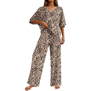 Ekouaer Pajama Sets Womens 2 Piece Short Sleeve Long Pants Pjs Lounge Set(Leopard)