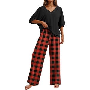 Ekouaer Pajama Sets Womens 2 Piece Short Sleeve Long Pants Pjs Lounge Set(Plaid Black Red)