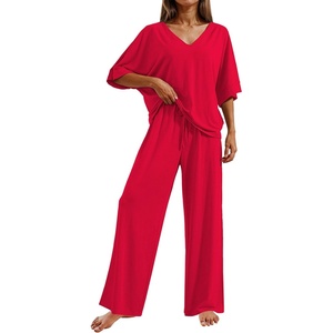 Ekouaer Pajama Sets Womens 2 Piece Short Sleeve Long Pants Pjs Lounge Set(Red)