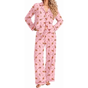 Ekouaer Women Christmas Pajama Long Sleeve Button Up Loungewear Striped Pjs(Christmas Pink Gingerbread Man)