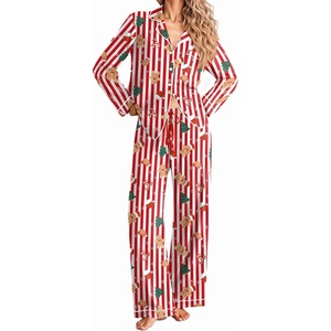 Ekouaer Women Christmas Pajama Long Sleeve Button Up Loungewear Striped Pjs(Christmas Red Stripe)