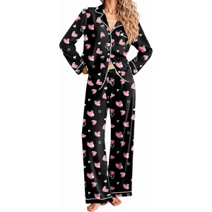 Ekouaer Women Christmas Pajama Long Sleeve Button Up Loungewear Striped Pjs(Heart Black Pink)