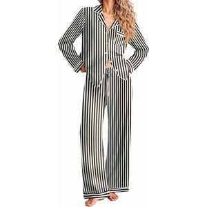 Ekouaer Women Christmas Pajama Long Sleeve Button Up Loungewear Striped Pjs(Stripe Black)